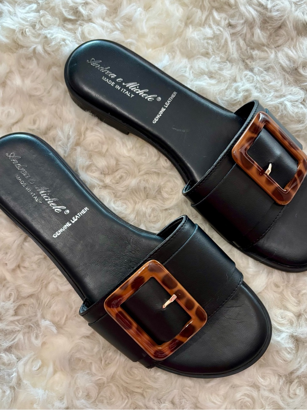 Andrea E Michele Black Leather Slide Sandals with Tortoise Buckle